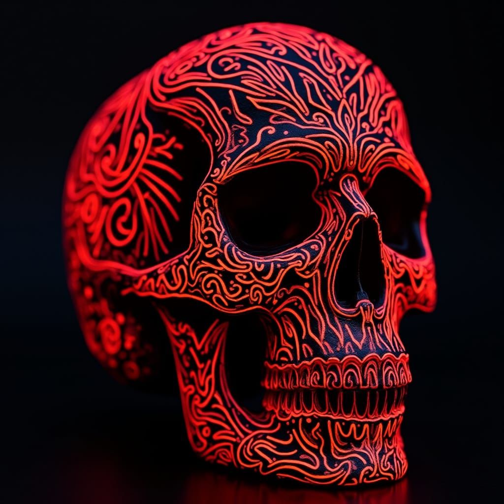 Bioluminescent Skull with Glowing Tribal Patterns