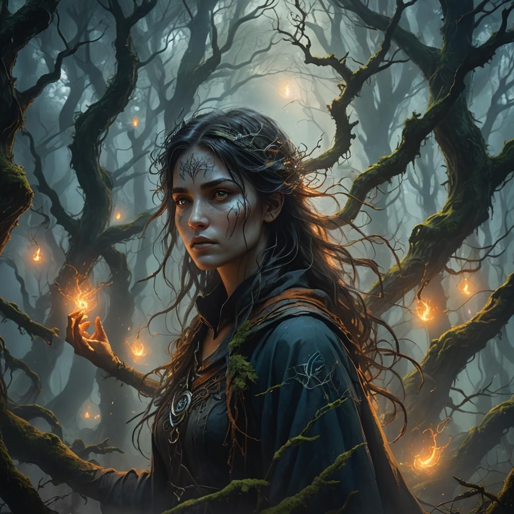 Mysterious Woman in Forest with Glowing Runes