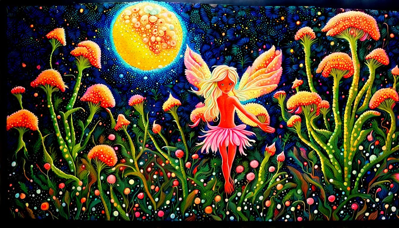Magical Fairy Birth in Fluorescent Flower, Pointillism