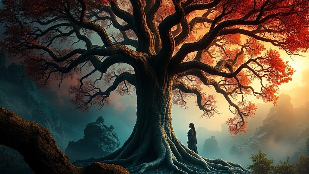 Eve and the Tree of Knowledge in Vibrant Double Exposure