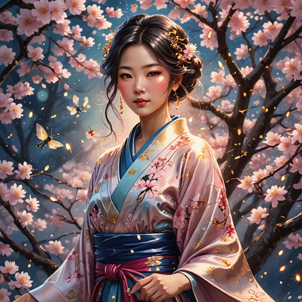 Japanese Woman in Cherry Blossoms: Digital Art
