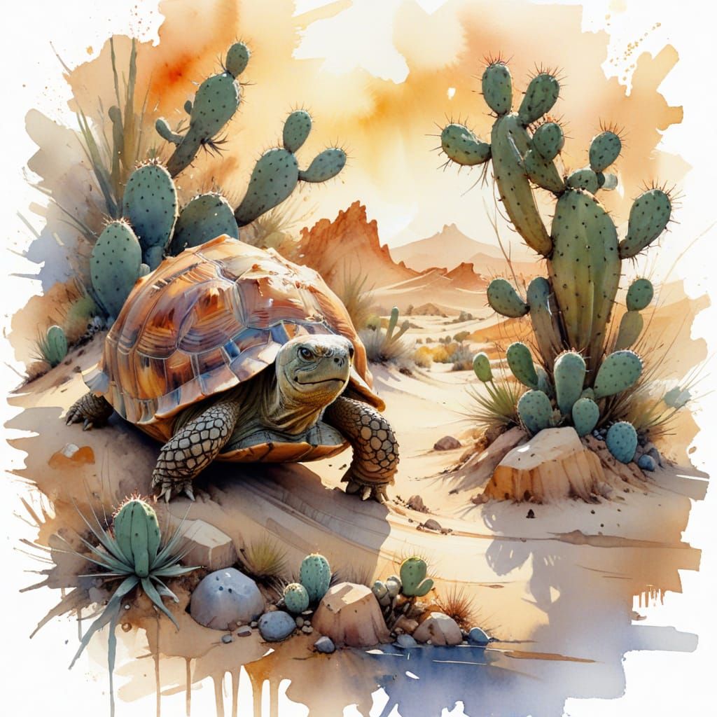 Tortoise Journey Across Desert in Watercolor Style