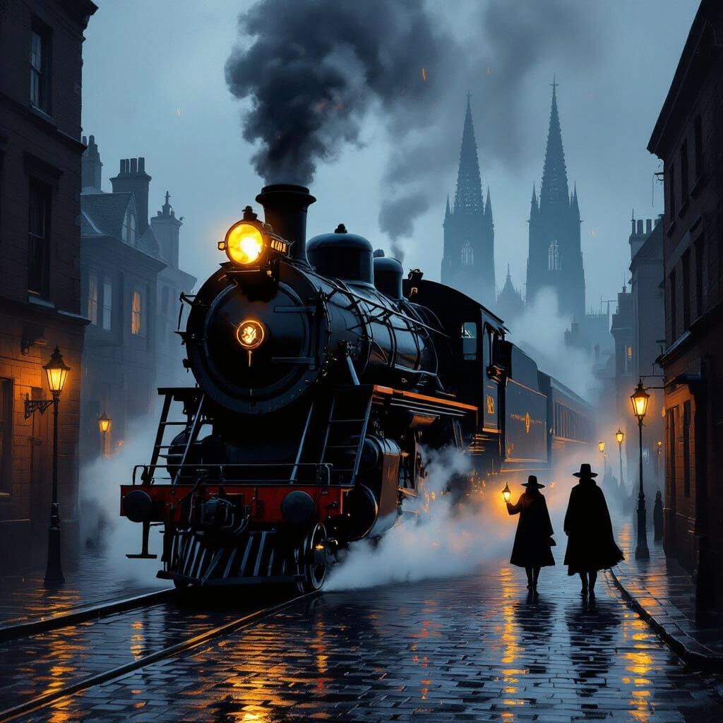 Victorian Steam Train in Foggy City Painting
