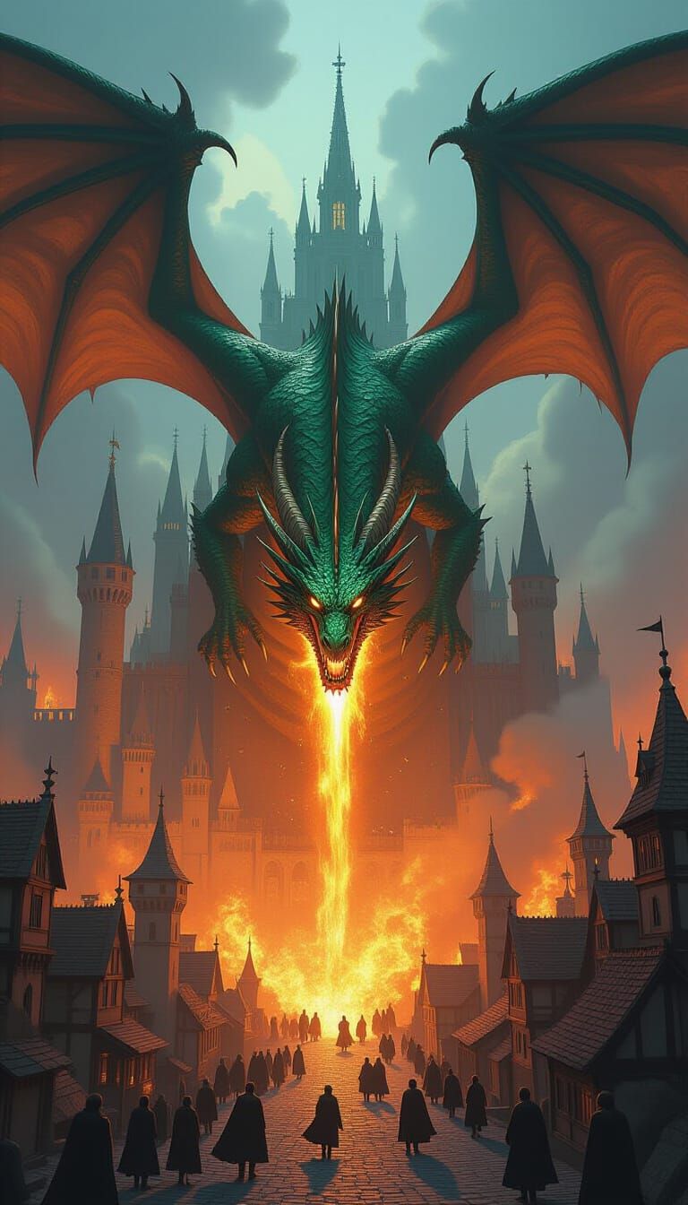 Colossal Dragon Attacks Medieval City in Epic Concept Art St...