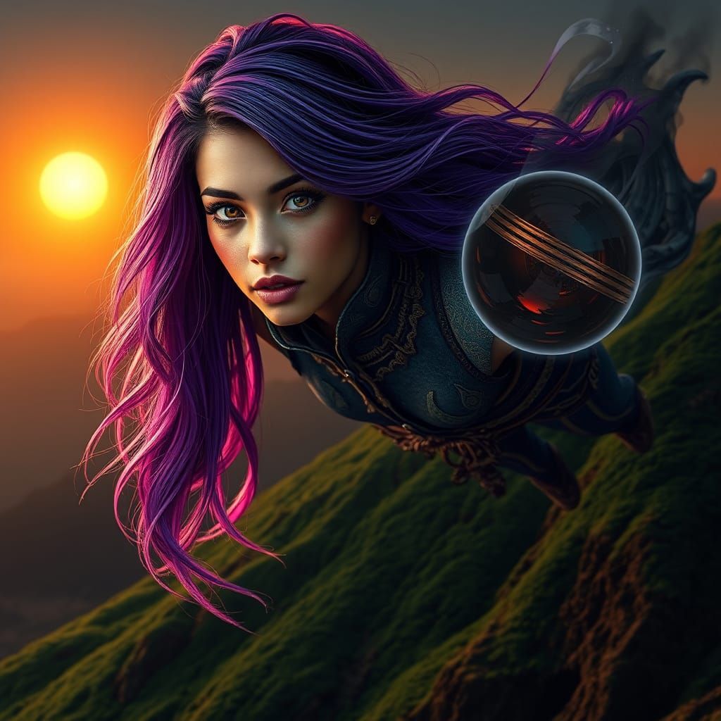 Ravishing Woman Floats Above Emerald Mountainside