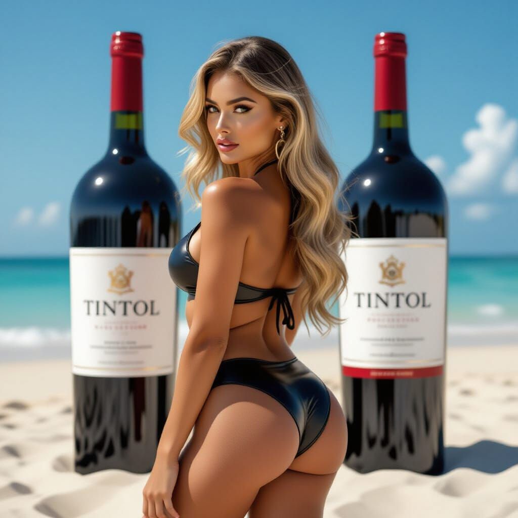 Blonde Woman on Beach with Wine in Photorealistic Style
