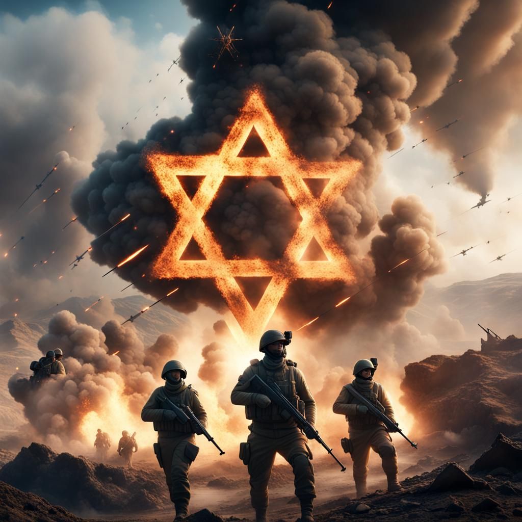 War Scene with Star of David Smoke, Detailed Digital Art