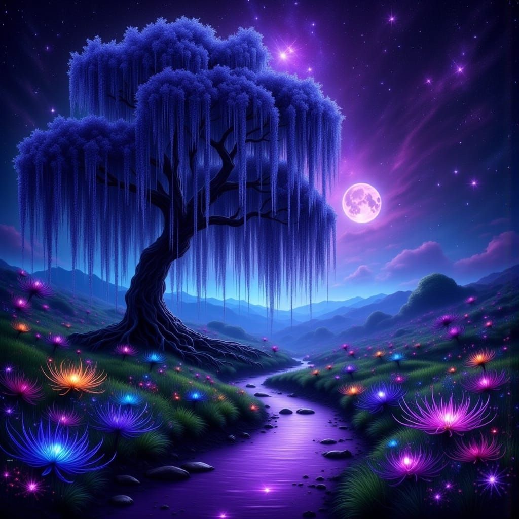 Mystical Moonlit Fantasy Landscape with Majestic Willow Tree