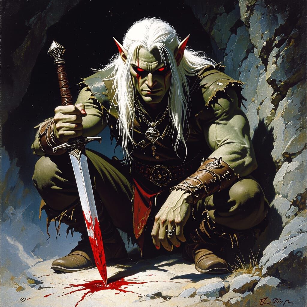 Dark Elf with Bloody Dagger in Frazetta Style