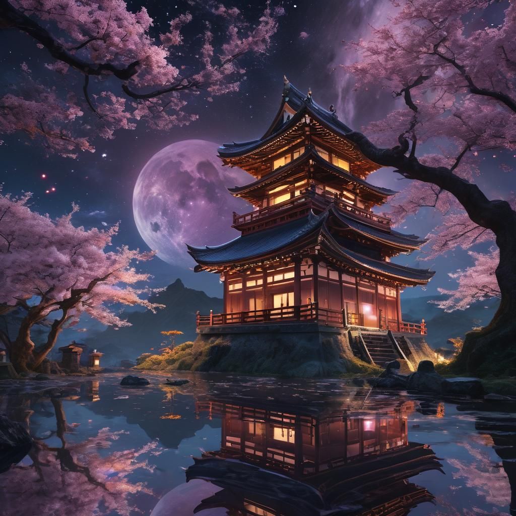 Japanese Temple and Cherry Tree at Night