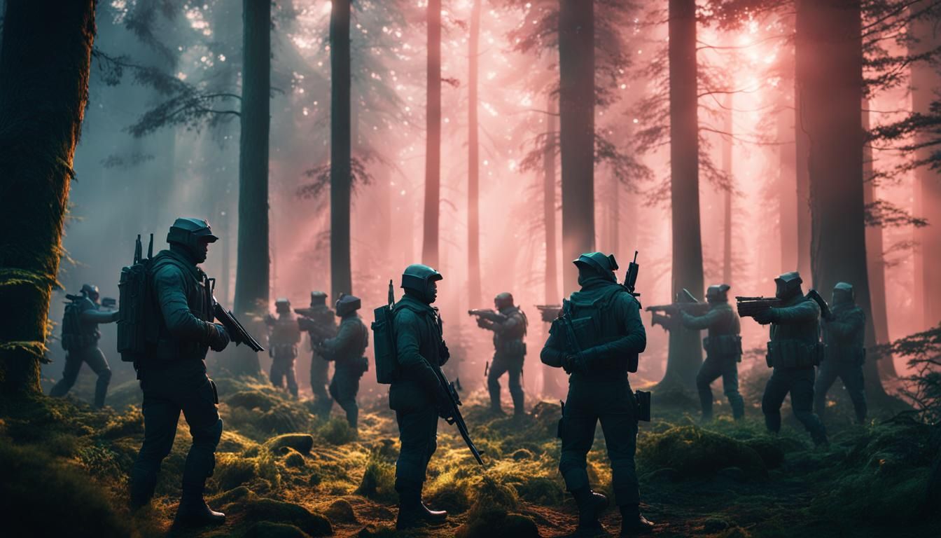 Tense Forest Encounter Between Human and Space Elf Soldiers