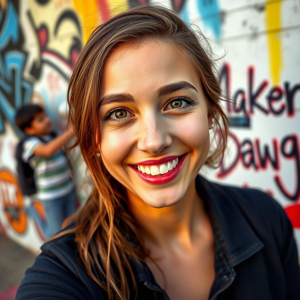 Vibrant Portrait of a Young Boy Spray Painting in Street Art...