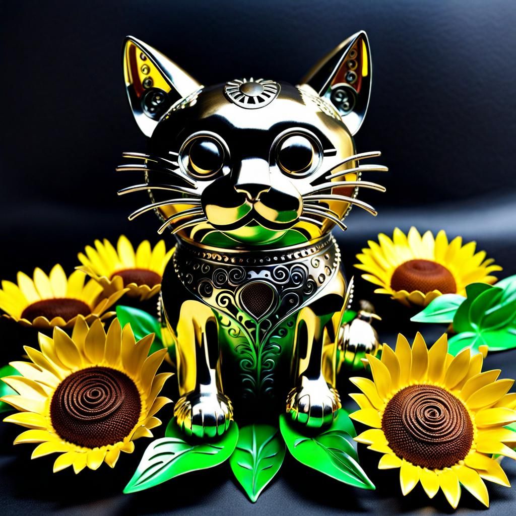 Mechanical Metal China Cat Sunflower Sculpture
