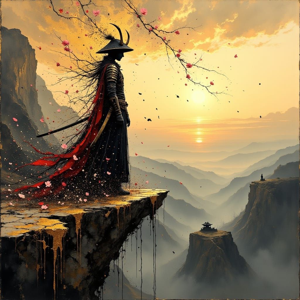 Samurai Dissolving at Cliff Edge in Dreamlike Illustration