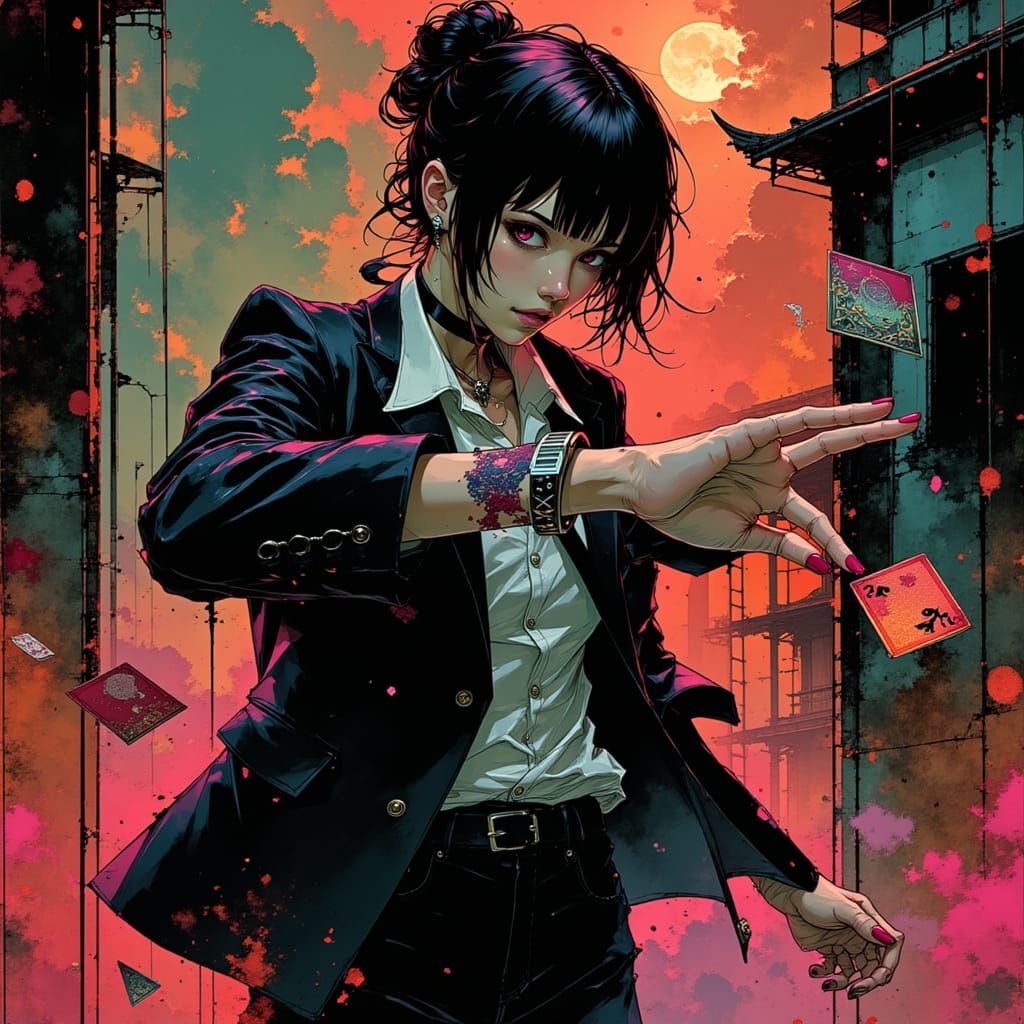 Anime Yakuza Fighter Throws Magical Cards in Manga Style