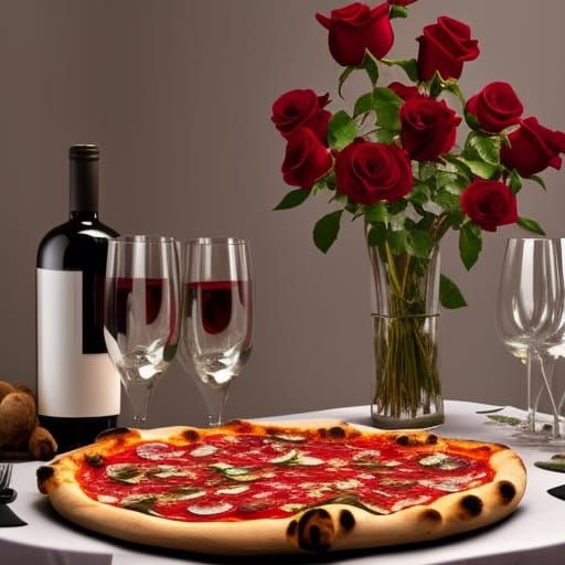 Pizza and Wine in Romantic Rose Setting