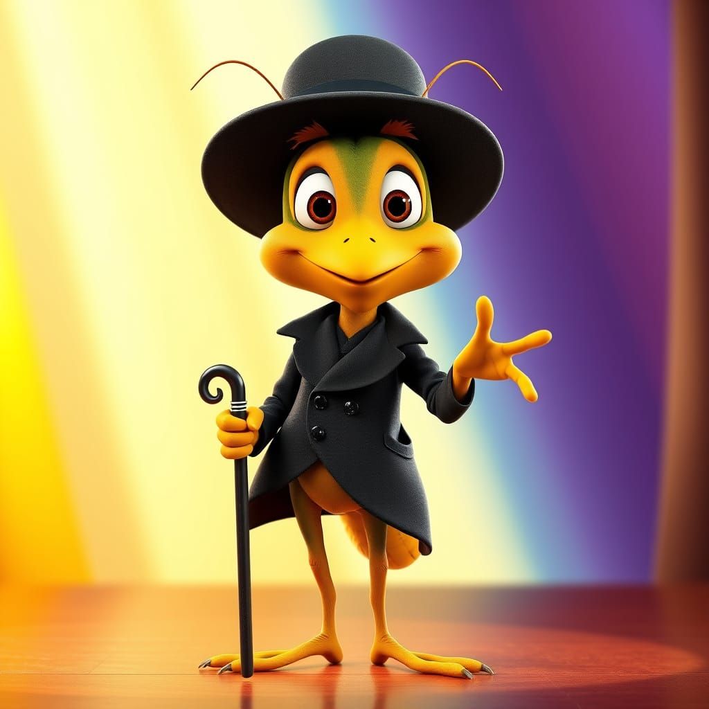 Cartoon Cricket as Charlie Chaplin, in 3D Digital Art