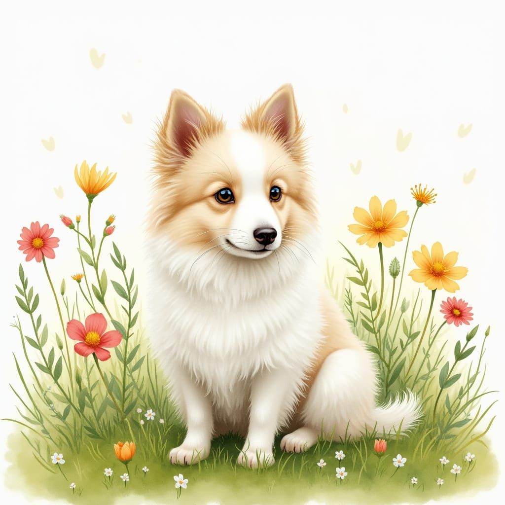 Adorable White Sheepdog in Dreamy Landscape Painting