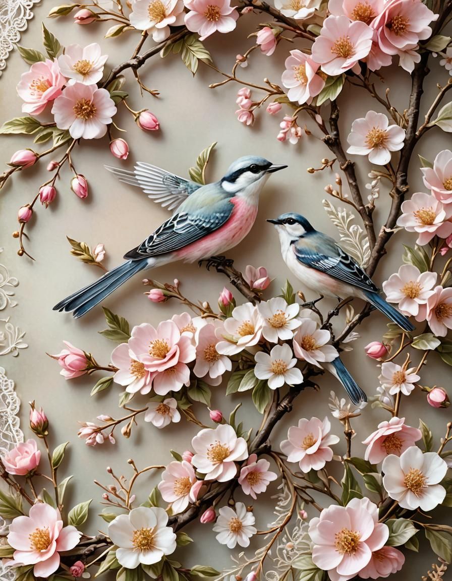 Victorian Valentine Card with Blossoms and Birds