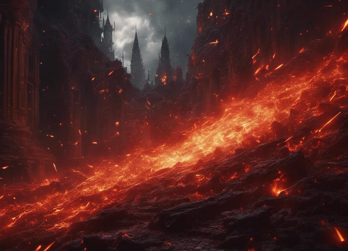 Dark Fire Landscape in Detailed Matte Painting Style
