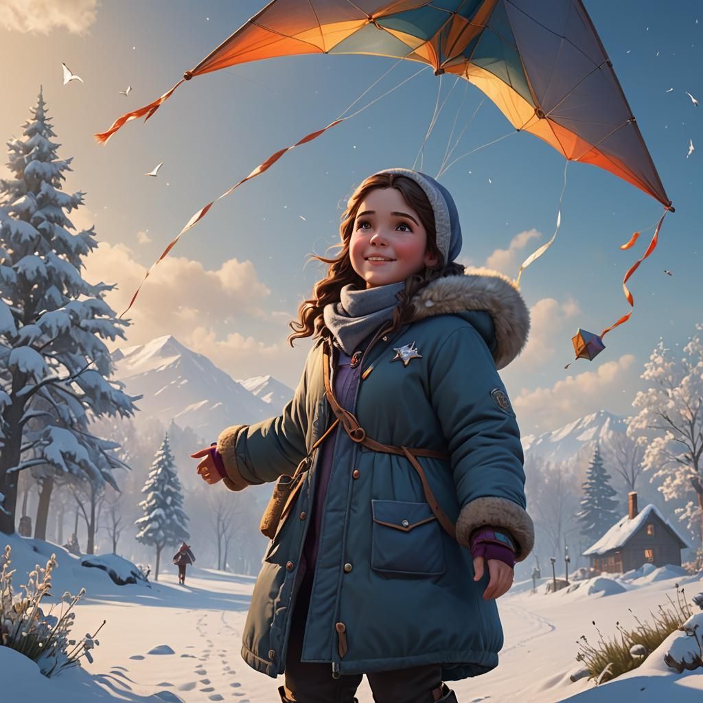 Girl Flying Kite in Snowy Winter Wonderland