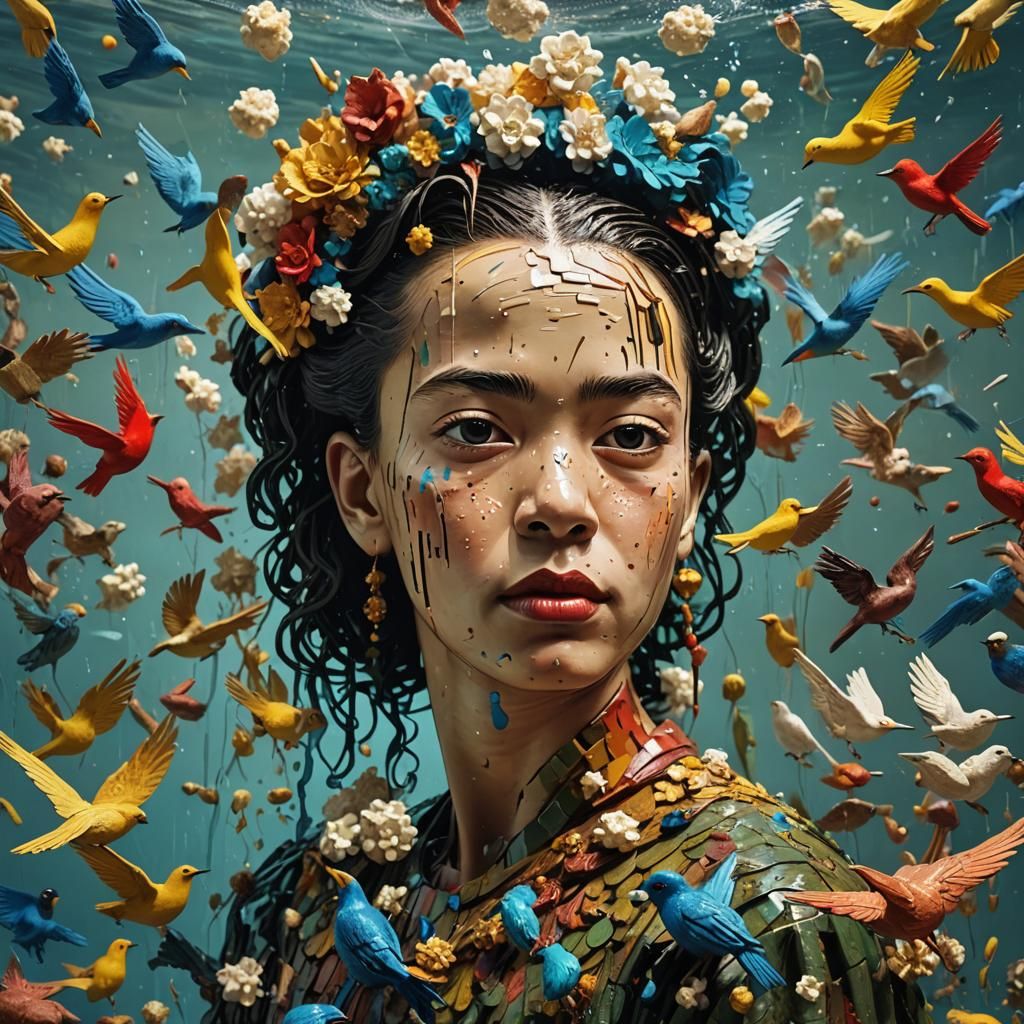 Child's Bird Sculpture Underwater in Splash Art Style