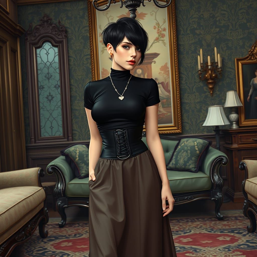 Gothic Victorian Woman with Pixie Cut, Hyperrealistic Style