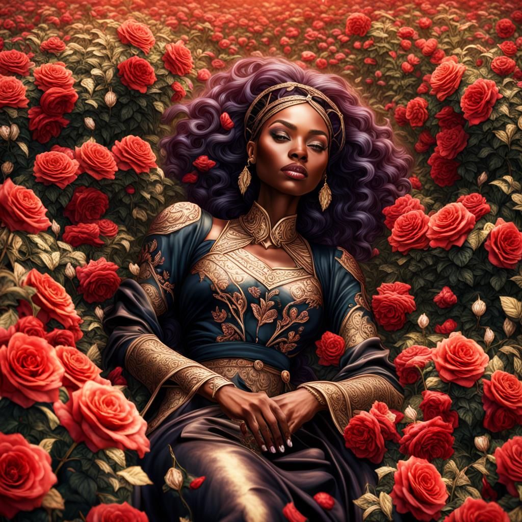 Black Woman in Rose Field: Detailed Matte Painting