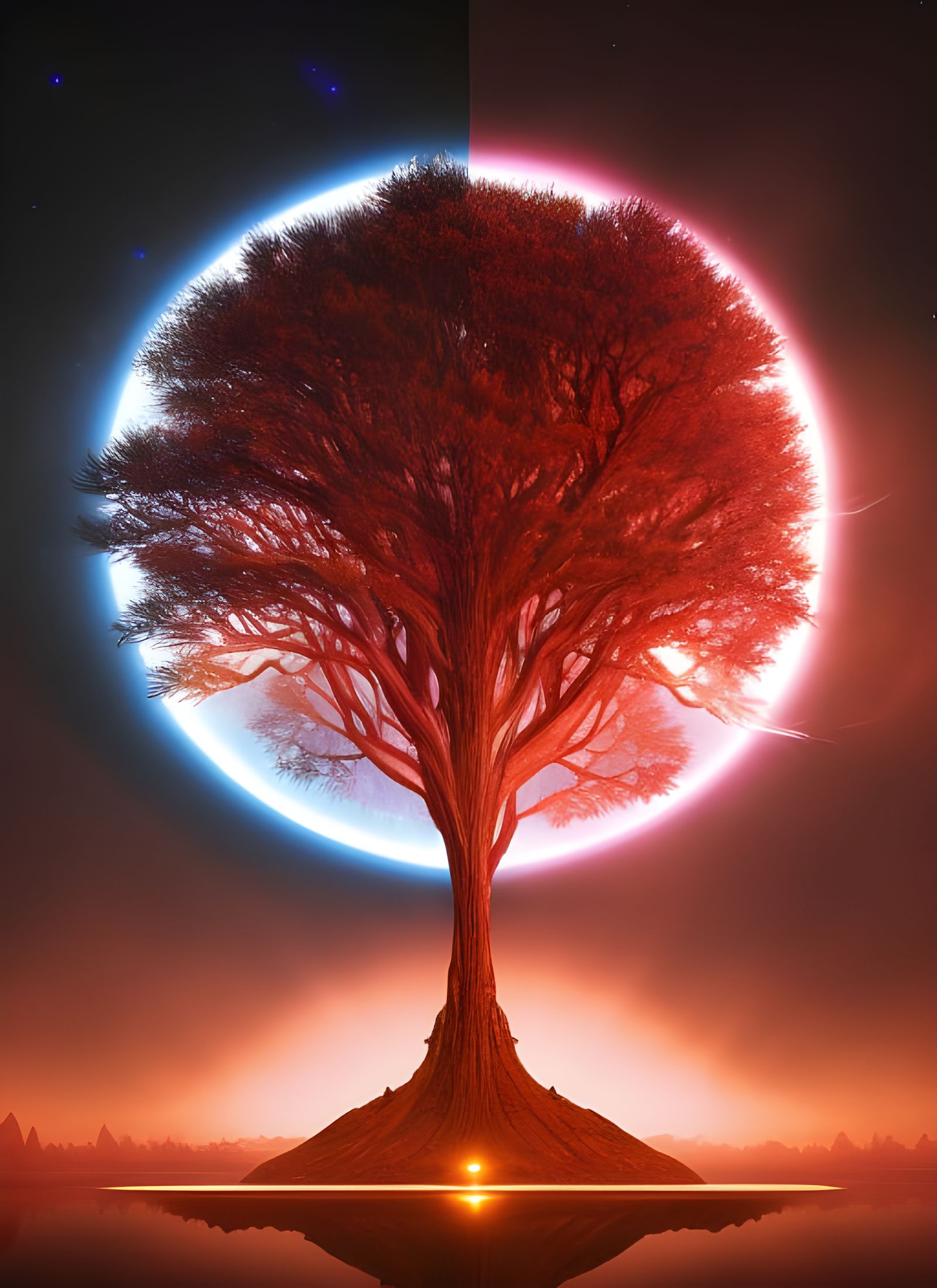 Magic Glowing Tree and Cyber Castle in Retrowave Style