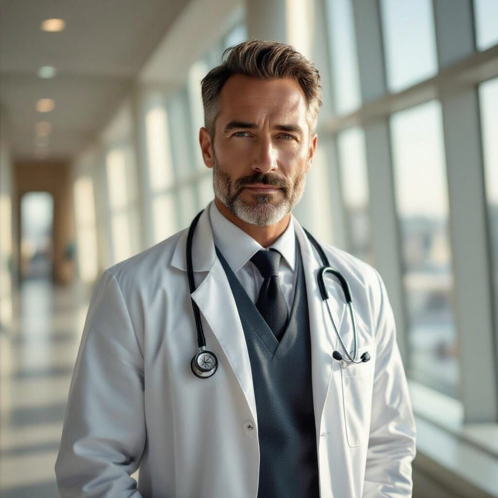 Confident Heart Surgeon in Luxurious Hospital Corridor