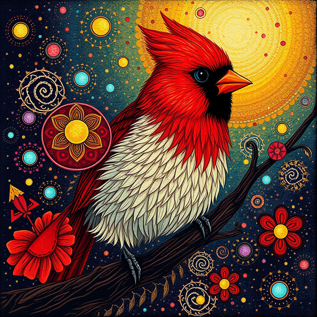 Whimsical Cardinal in Pointillism Style