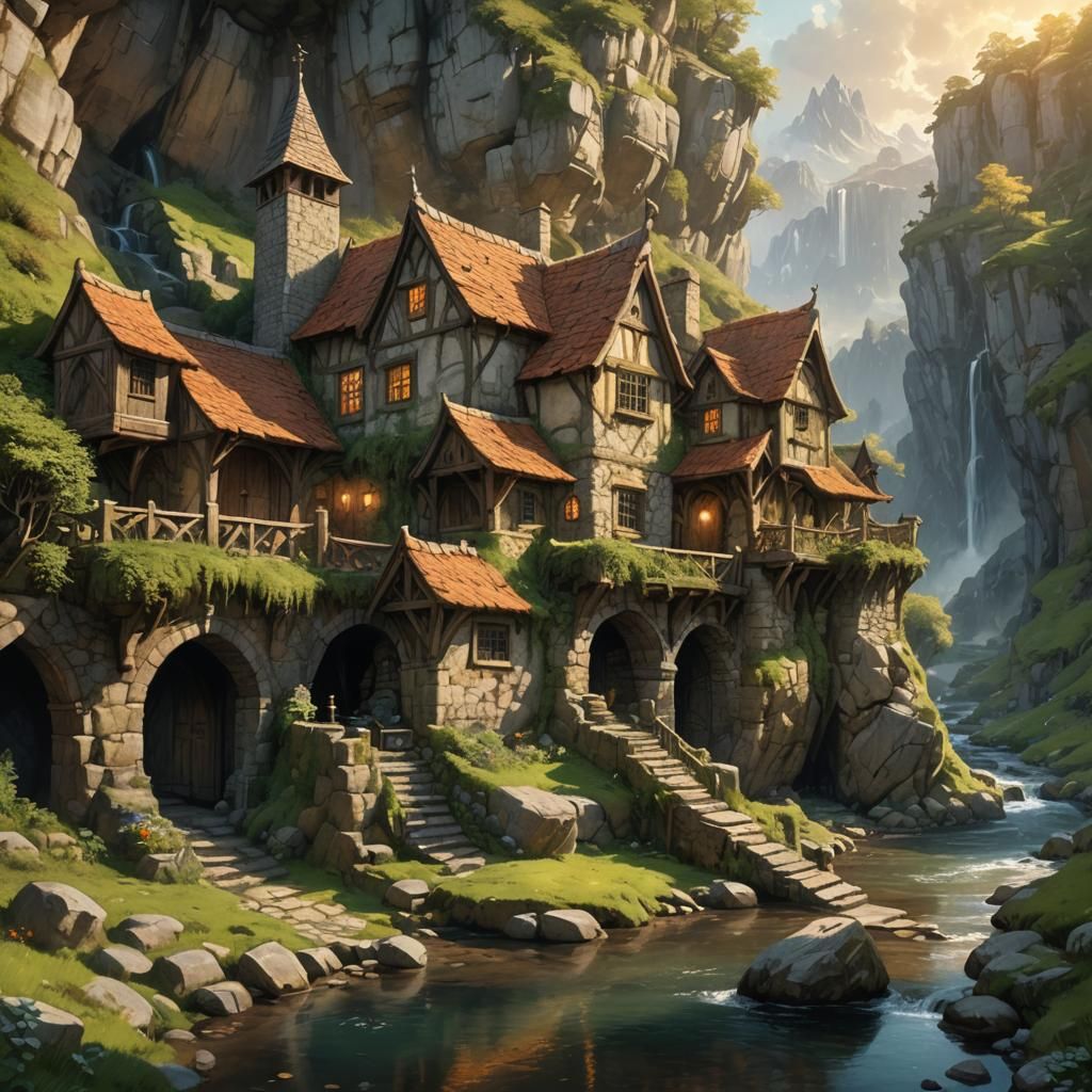 Fantasy Canyon Home in Watercolor Style