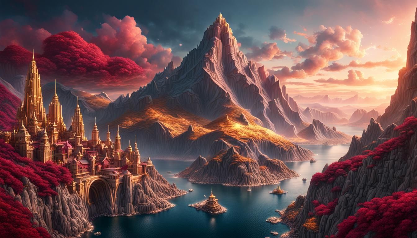 Ruby Sapphire City in Gold Mountains: Digital Painting