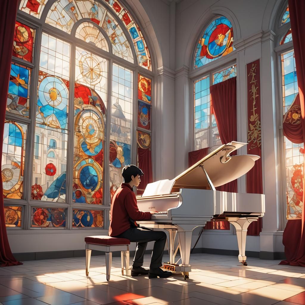Stained Glass City: Asian Man at White Piano