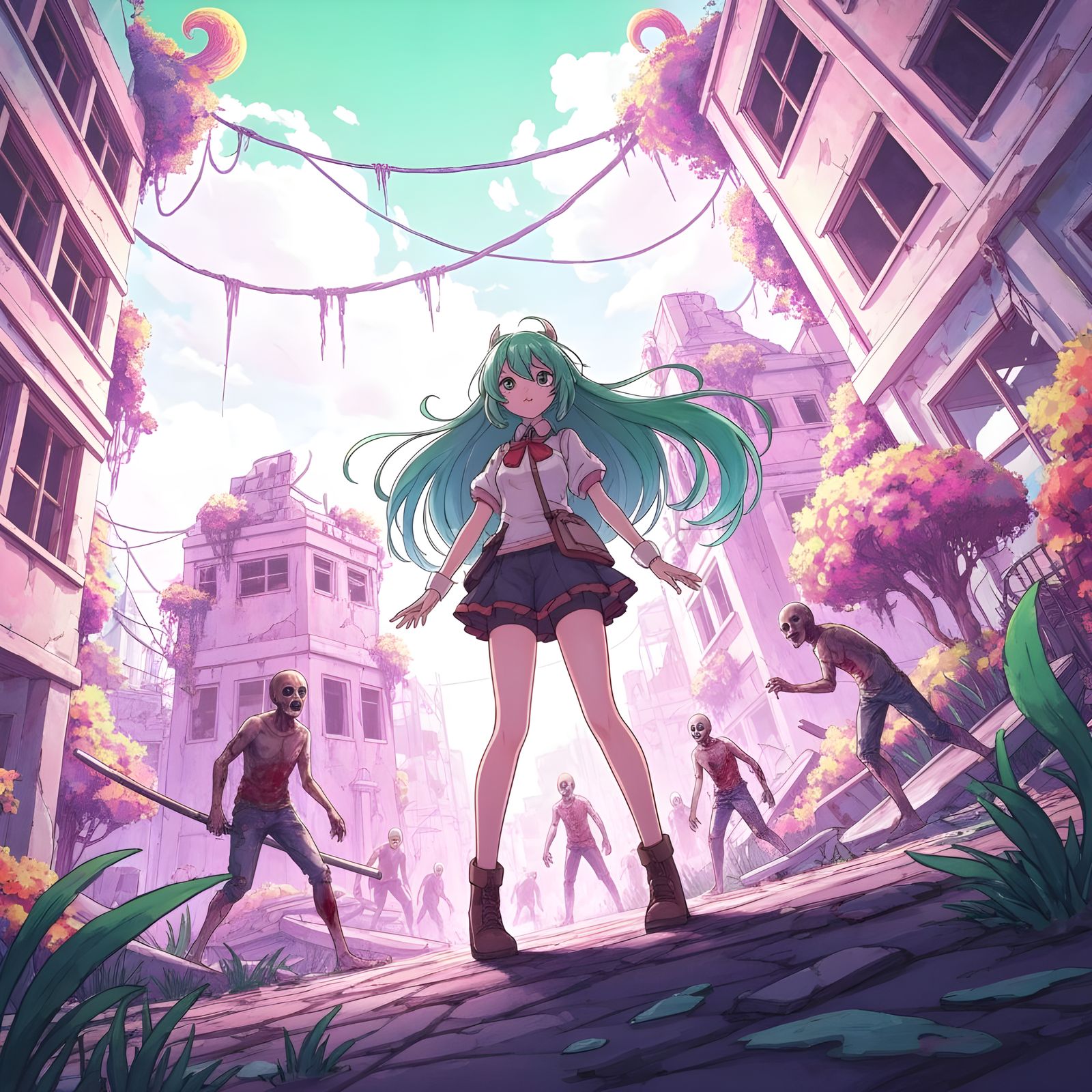 Anime Girl in Zombie War Action Scene