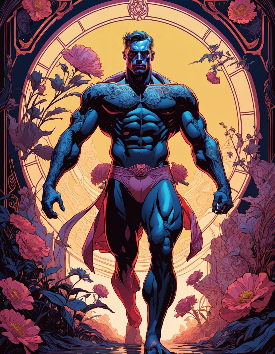 Stunning Art Nouveau Masterpiece: Muscular Superhero Charges...