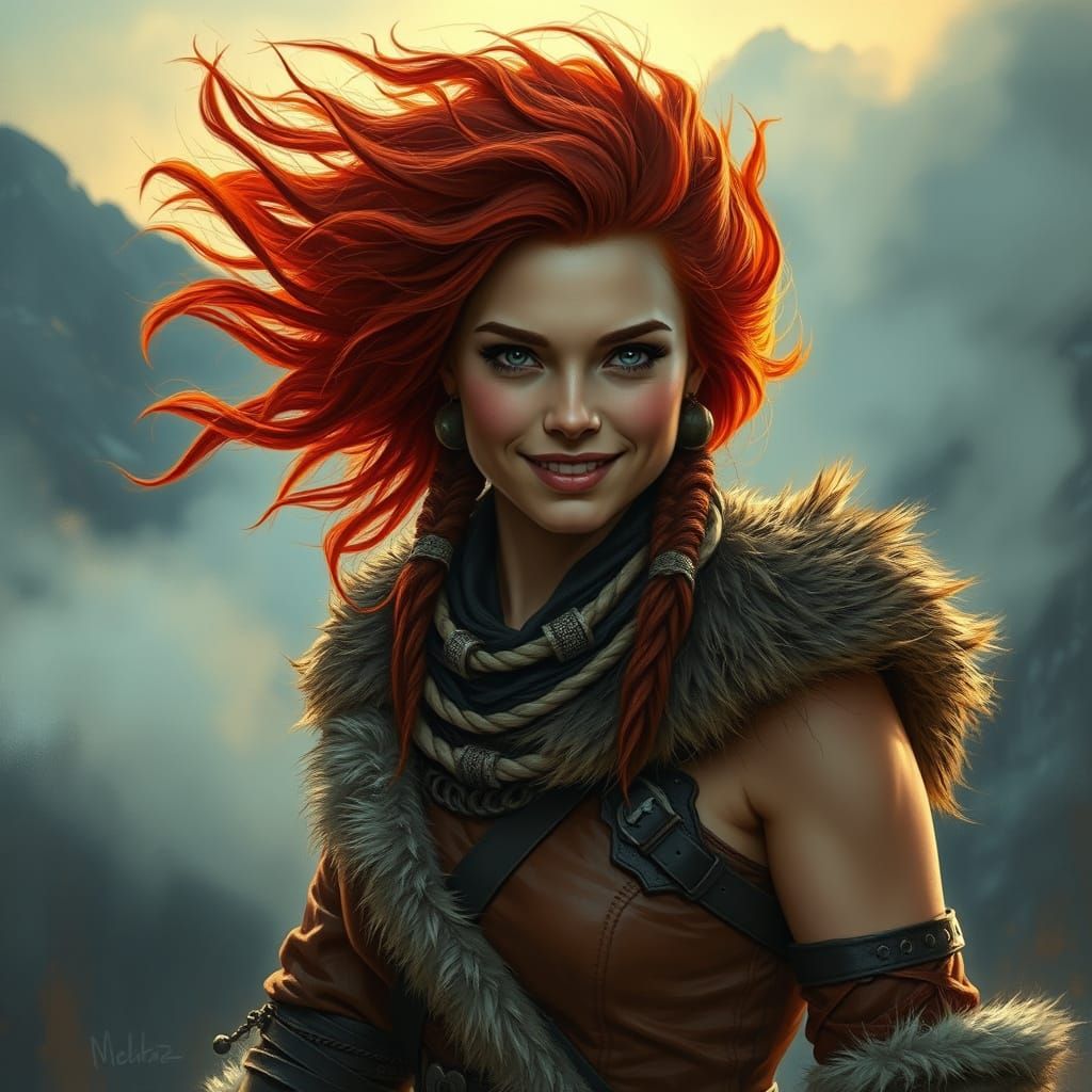 Mysterious Mountain Goddess in a Fiery, Golden-Lit Landscape