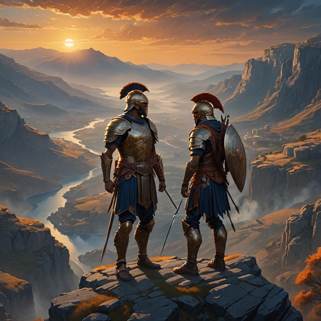 Greek Warrior Overlooks Valley at Golden Hour