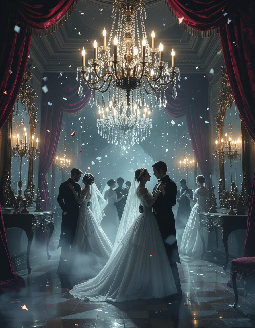 Ghostly Ballroom Waltz Under Shattered Chandelier