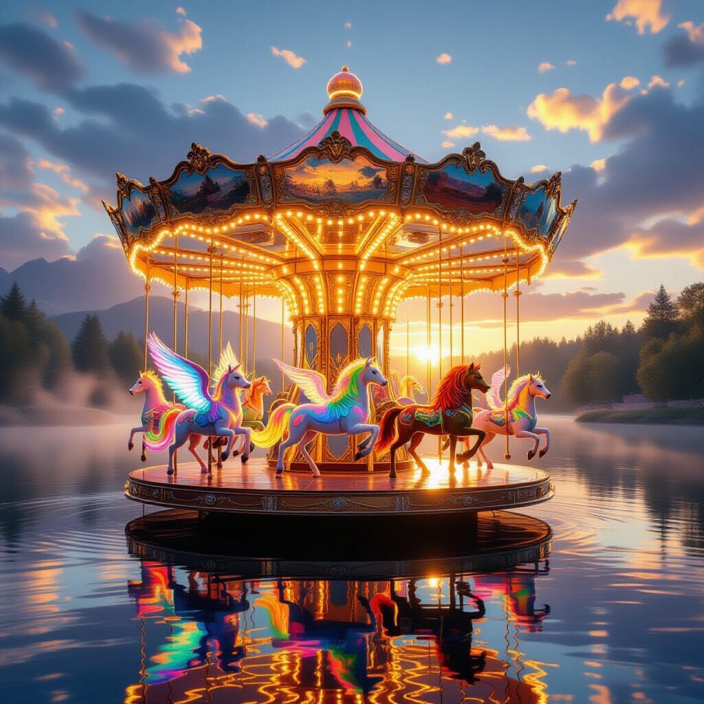 Surreal Crystal Carousel Above Lake at Sunset