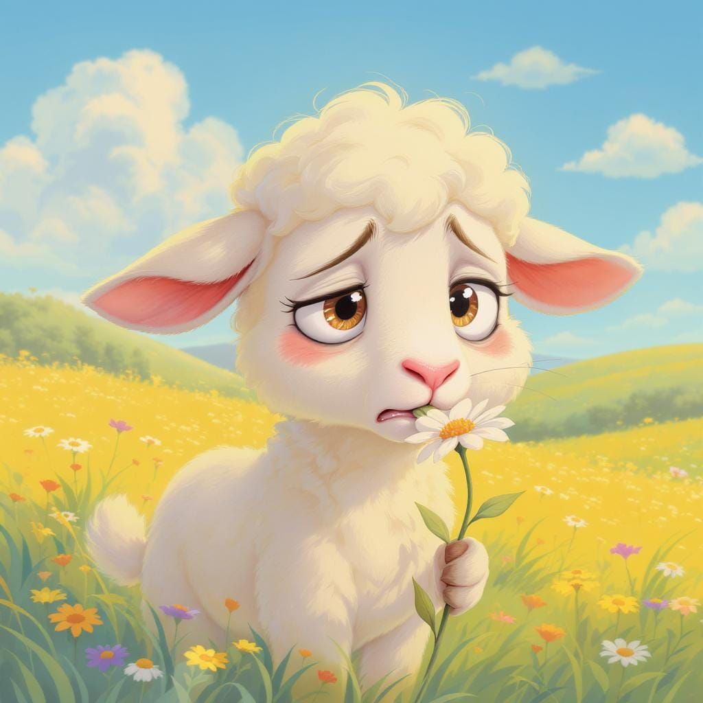 Anxious Cartoon Lamb Chewing Flower in Sunny Meadow