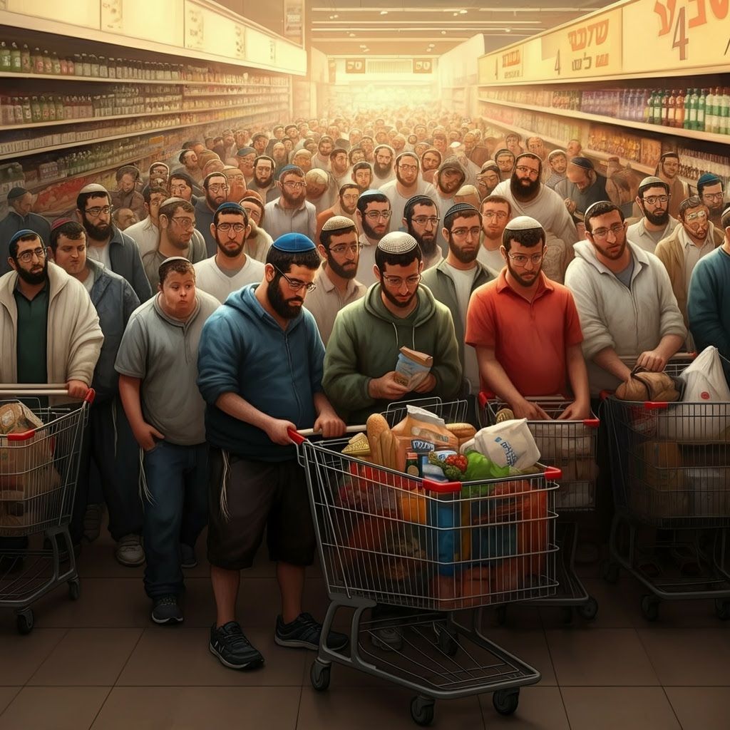 Israeli Men Queue in Supermarket Digital Painting