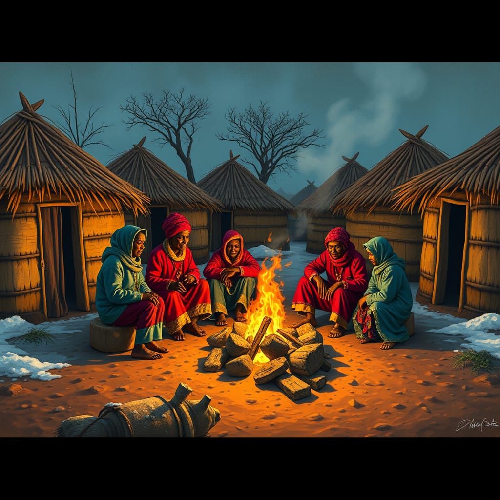 African Villagers Gather Around Fire in Vibrant Art Style