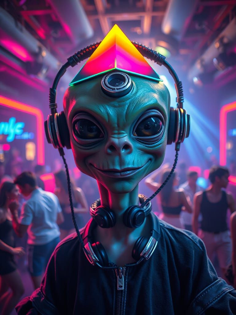 Alien DJ Prism Head in Burtonesque Sci-Fi Style