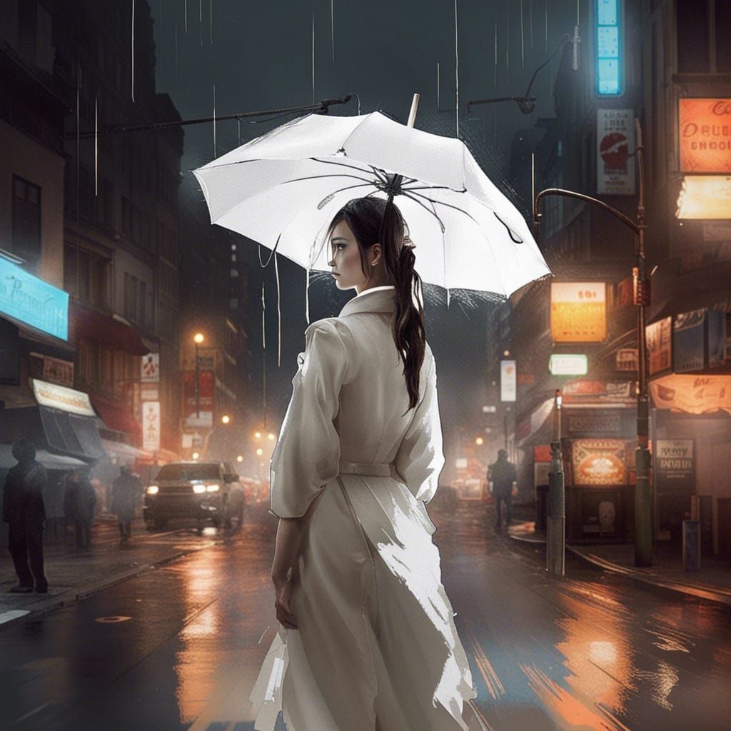 Rainy Night Cityscape with Woman in White Dress