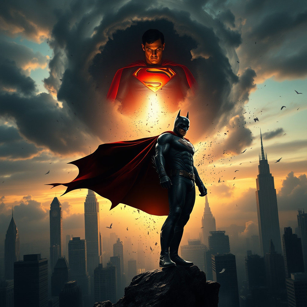 Batman, Robin, and Superman Clash in Dystopian Metropolis