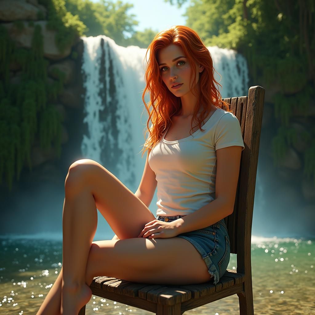 Redhead Under Waterfall in Hyperrealistic Style