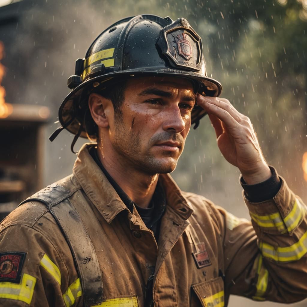 Brave Fireman After Blaze in Cinematic Still