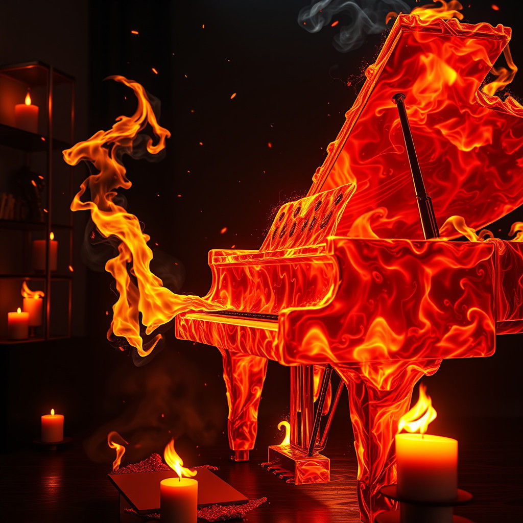 Fiery Grand Piano in a Dance of Flames