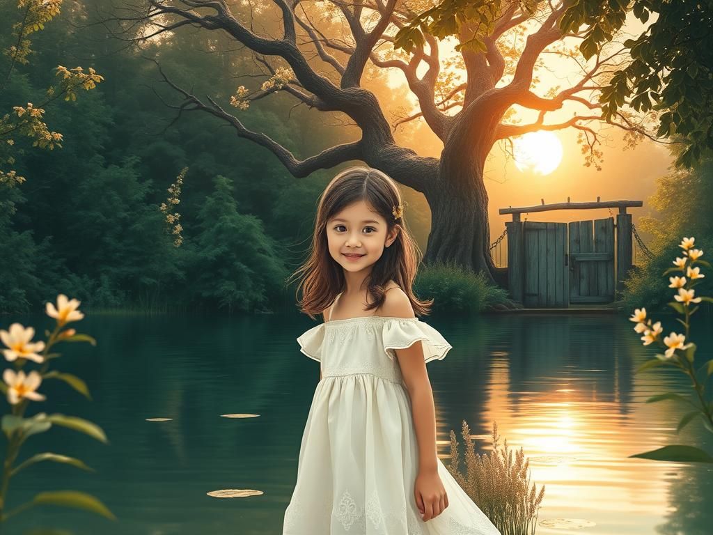 Girl in Lake at Sunset: Dreamlike Ethereal Scene